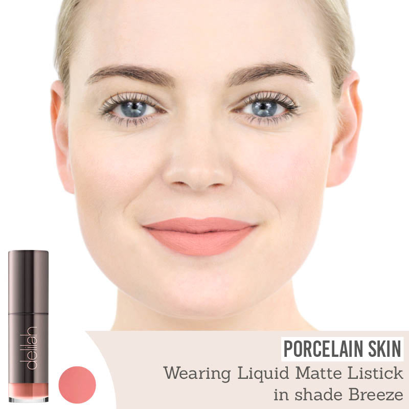 Delilah Liquid Matte Lipstick in shade breeze results on porcelain skin