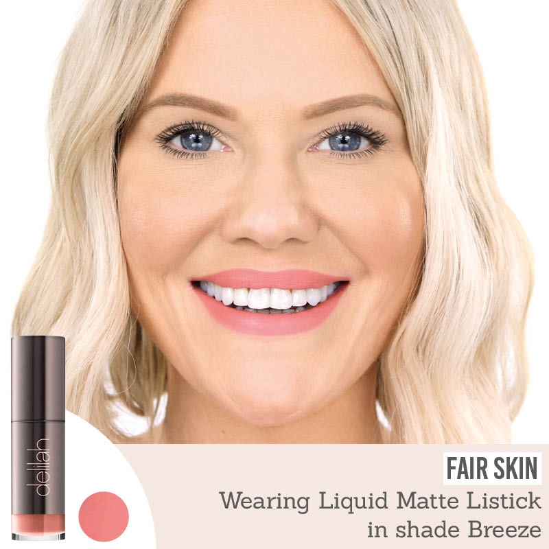 Delilah Liquid Matte Lipstick in shade breeze results on fair skin