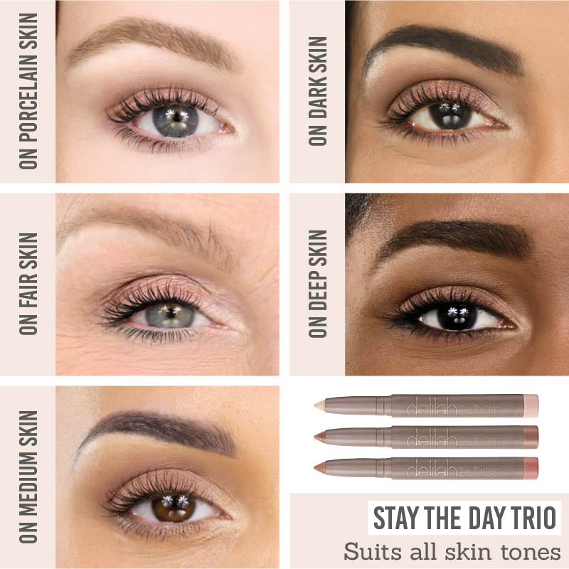 Delilah Stay the Day Smooth Shadow Stick Collection on different skin tones