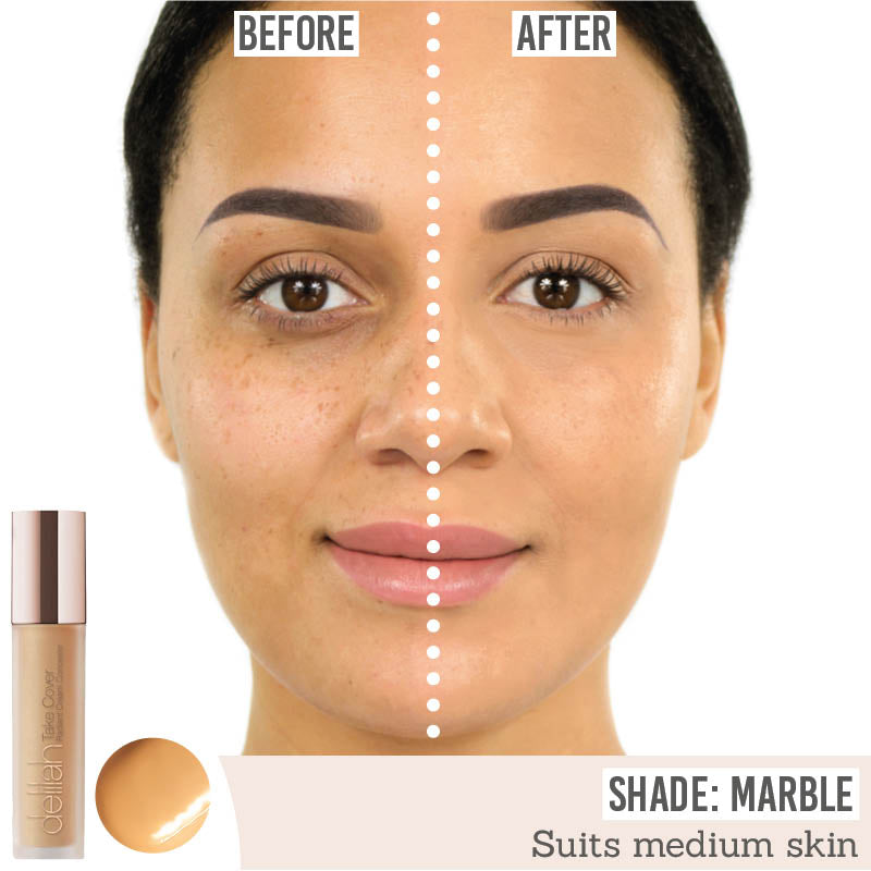 Delilah Take Cover Radiant Cream Concealer before and after results on medium skin