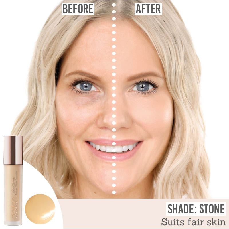 Delilah Take Cover Radiant Cream Concealer in shade 'Stone' before and after results on fair skin