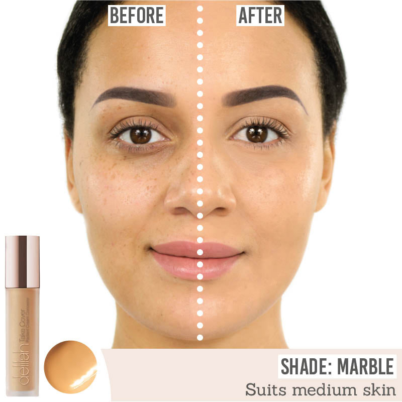 Delilah Take Cover Radiant Cream Concealer in shade 'Marble' before and after results on medium skin