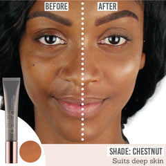 delilah Time Frame Future Resist Foundation SPF20 before and after results on deep skin tones