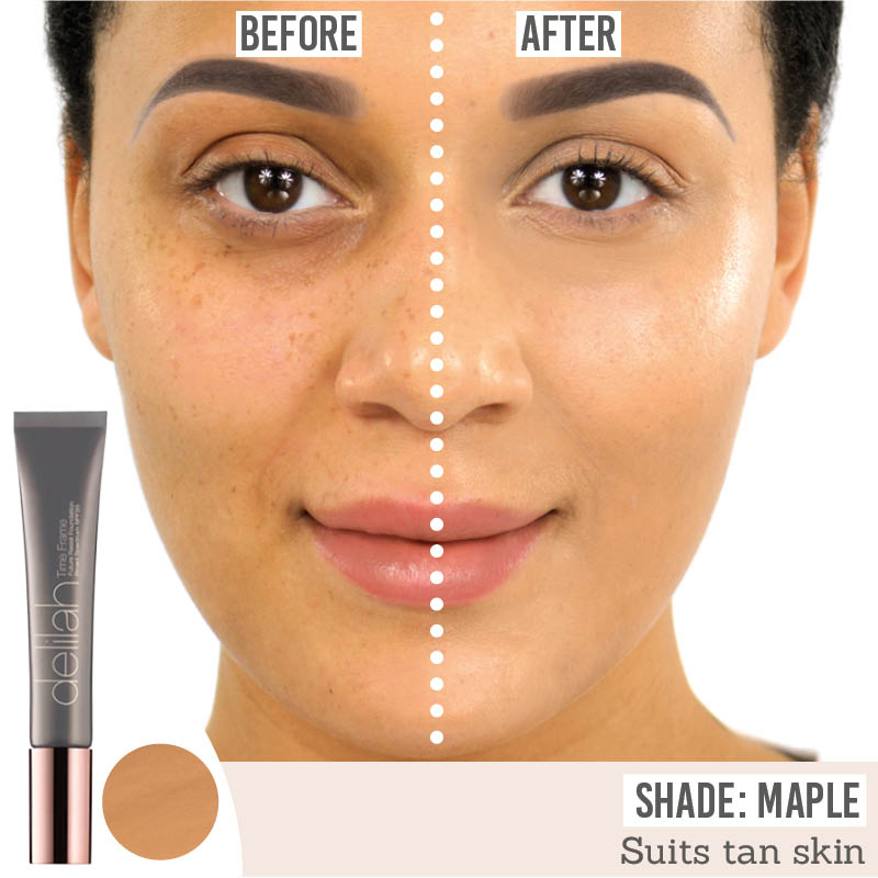 delilah Time Frame Future Resist Foundation SPF20 before and after results on tan skin tones