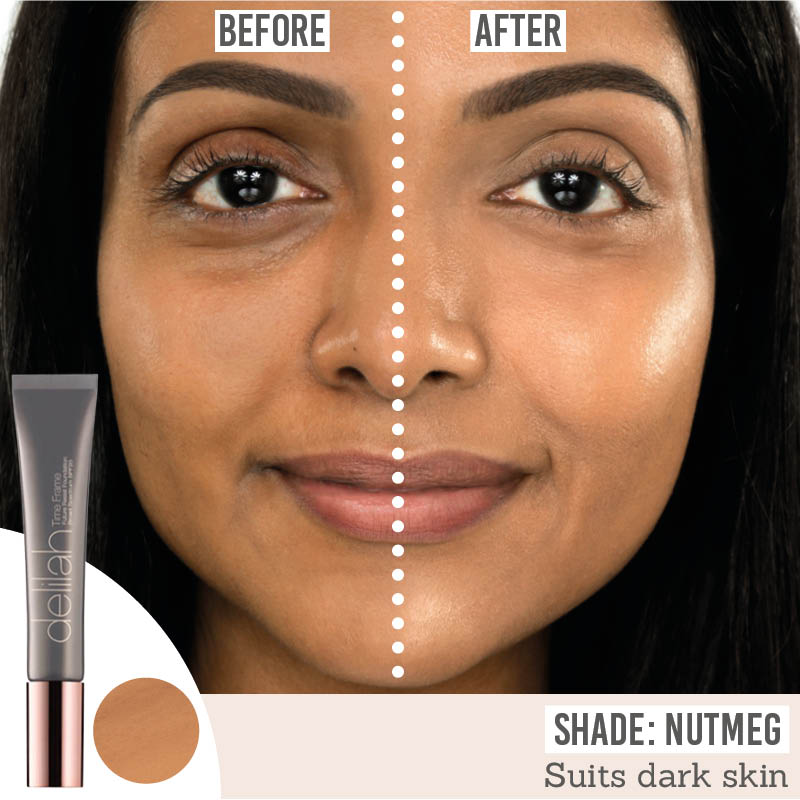 delilah Time Frame Future Resist Foundation SPF20 before and after results on dark skin tones