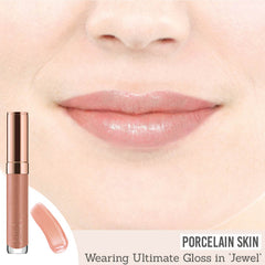 Delilah Ultimate Shine Lip Gloss in shade ‘Jewel’ results on porcelain skin