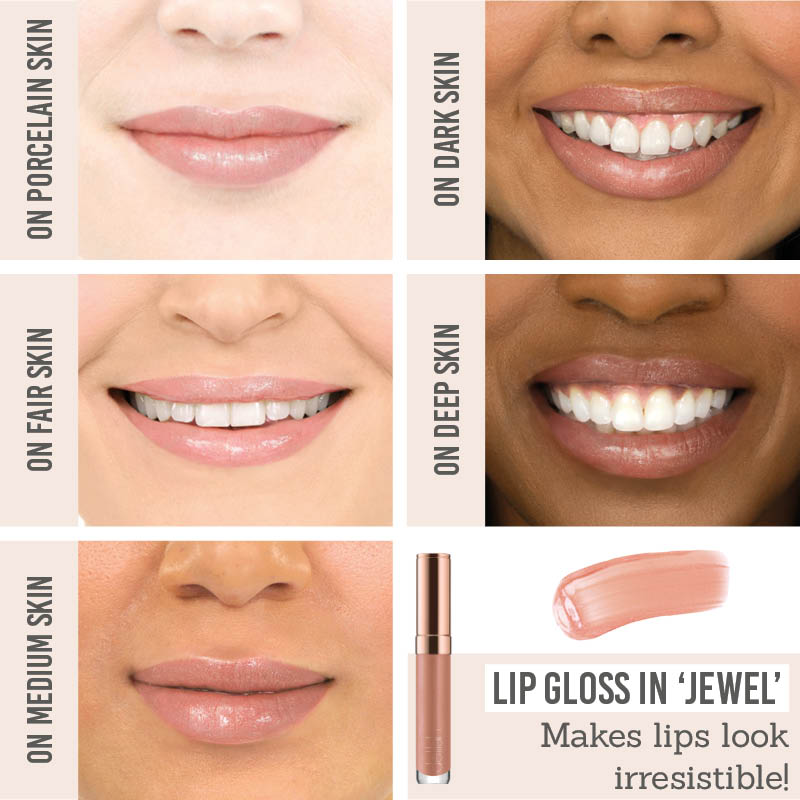 Delilah Ultimate Shine Lip Gloss in shade ‘Jewel’ results on different skin tones