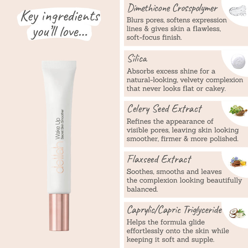 Delilah Wake Up Secret Skin Smoother Key Ingredients - Dimethicone crosspolymer, silica, celery & flax seed extract, caprylic/capric triglyceride