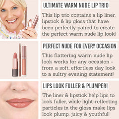 Delilah Warm Nude Lip Wardrobe Key Benefits - Utlimate warm nude lip trio, perfect nude for every occasion, lips look fuller & plumper 