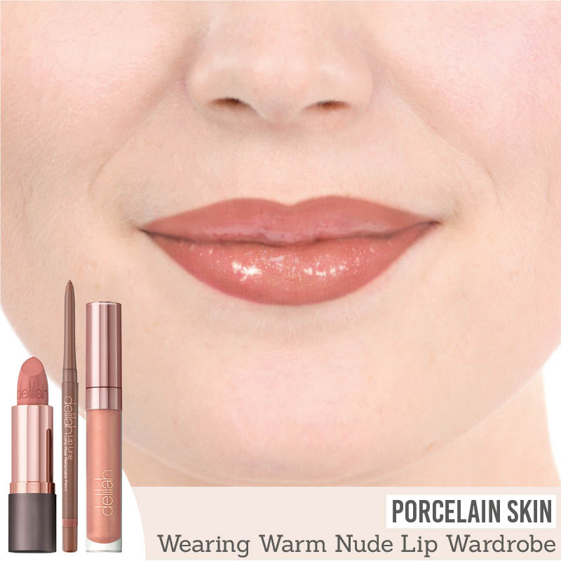 Delilah Warm Nude Lip Wardrobe Collection on porcelain skin