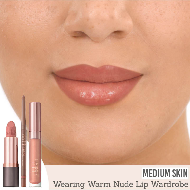 Delilah Warm Nude Lip Wardrobe Collection on medium skin