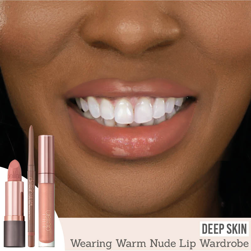 Delilah Warm Nude Lip Wardrobe Collection on deep skin