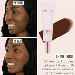 Doll 10 T.C.E. Super Coverage Serum Foundation before and after results on rich skin tones