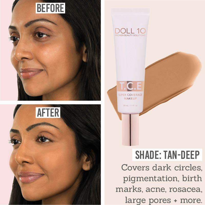 Doll 10 T.C.E. Super Coverage Serum Foundation before and after results on tan skin tones