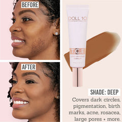 Doll 10 T.C.E. Super Coverage Serum Foundation before and after results on dark skin tones