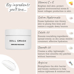 Doll Smash Enriched Face Base Key Ingredients - Vitamins C & E, sodium hyaluronate, ceteth-20, steareth-20, arginine