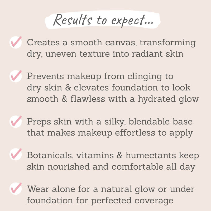 Results to expect - dry skin transforms into radiant, wear alone or under makeup for a flawless finish, preps skin, nourished formula 