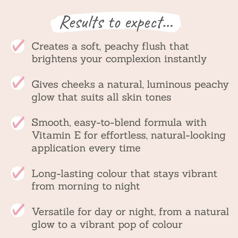 Results to expect - brightens complexion with a soft, peachy flush, versatile, blendable formula & long-lasting colour