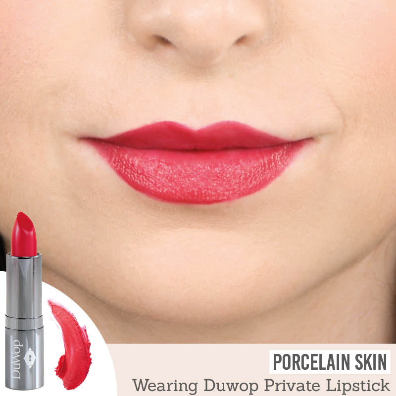 DuWop Private Cherry Lipstick on porcelain skin