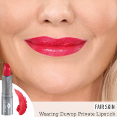 DuWop Private Cherry Lipstick on fair skin