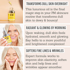 Emma Hardie Brilliance Facial Oil Key Benefits: Transforms dull skin overnight, skin looks radiant & glowing by morning, softens fine lines & wrinkles