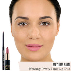 Eye of Horus Pretty Pink Lip Duo in 'Sacred Hibiscus' Lip Liner & 'Athena Blush' Lipstick results on medium skin