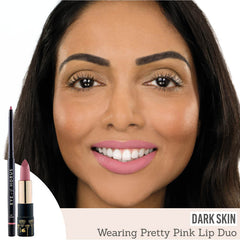 Eye of Horus Pretty Pink Lip Duo in 'Sacred Hibiscus' Lip Liner & 'Athena Blush' Lipstick results on dark skin