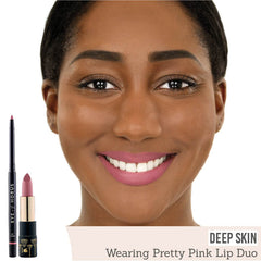 Eye of Horus Pretty Pink Lip Duo in 'Sacred Hibiscus' Lip Liner & 'Athena Blush' Lipstick results on deep skin