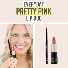 Katie holding Eye of Horus Pretty Pink Lip Duo in 'Sacred Hibiscus' Lip Liner & 'Athena Blush' Lipstick