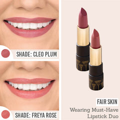 Eye of Horus Goddess Must-Have Bio Lipstick Duo in shades Cleo Plum and Freya Rose on fair skin