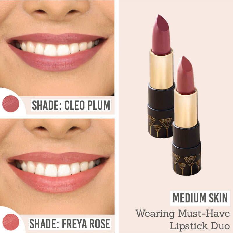Eye of Horus Goddess Must-Have Bio Lipstick Duo in shades Cleo Plum and Freya Rose on medium skin