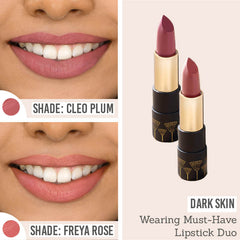 Eye of Horus Goddess Must-Have Bio Lipstick Duo in shades Cleo Plum and Freya Rose on dark skin