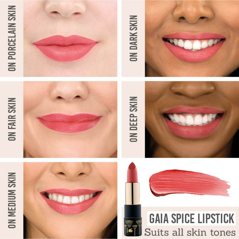 Eye of Horus Goddess Lipstick in shade 'Gaia Spice' results on different skin tones