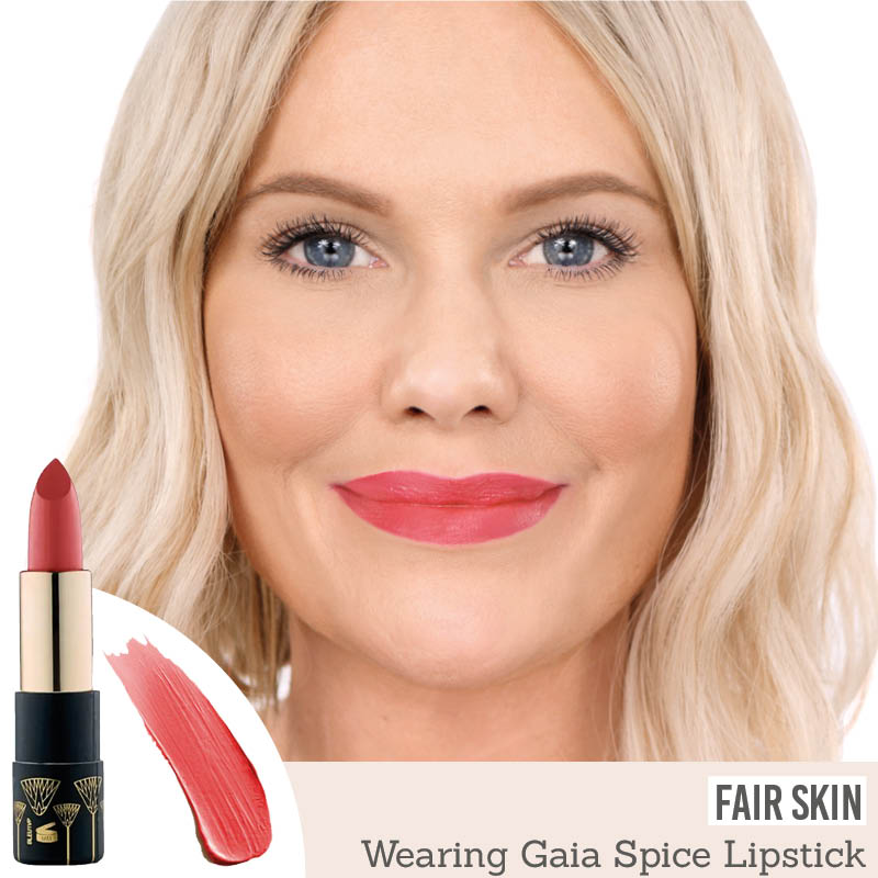 Eye of Horus Goddess Lipstick in shade 'Gaia Spice' results on fair skin