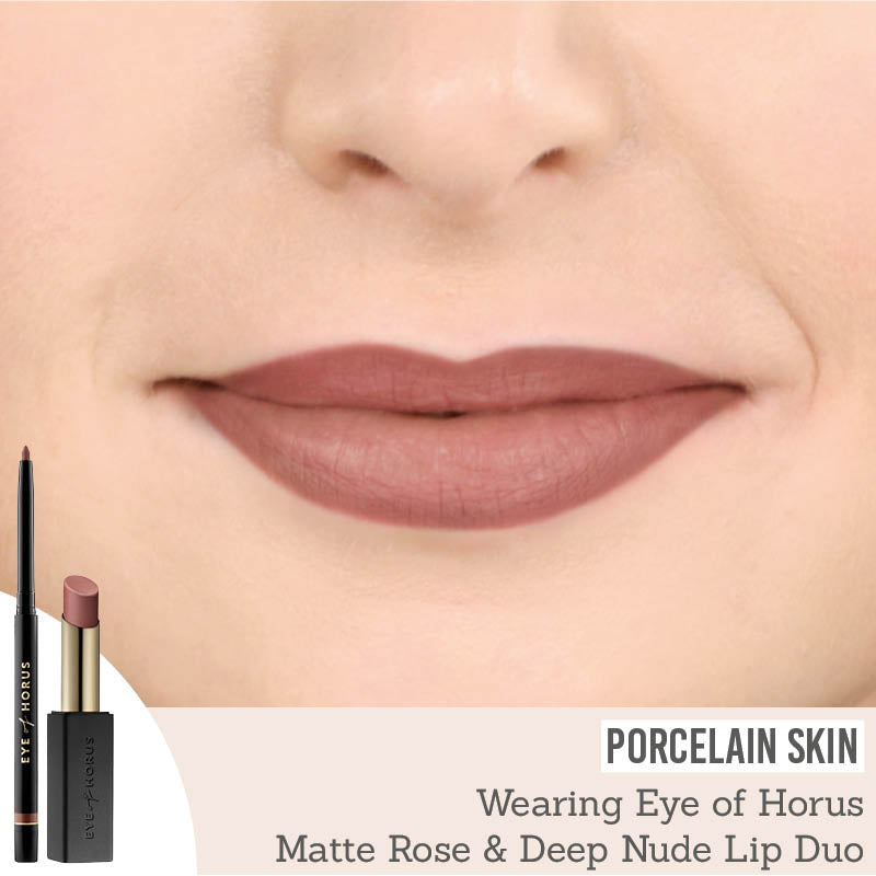 Eye of Horus Matte Rose Lipstick and Deep Nude Lip Liner Duo on porcelain skin