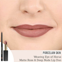 Eye of Horus Matte Rose Lipstick and Deep Nude Lip Liner Duo on porcelain skin