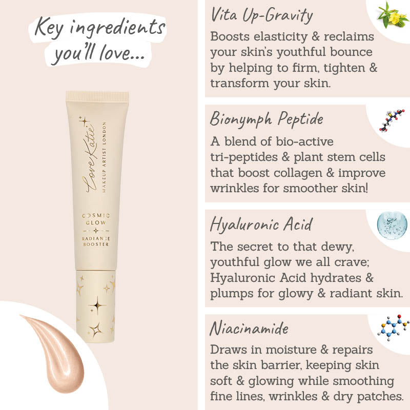 Glowy, Dewy and Radiant Skin Bundle Key Ingredients Cosmic Glow Radiance - Vita up-gravity, bionymph peptide, hyaluronic acid, niacinamide