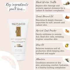 Glowy, Dewy and Radiant Skin Bundle Key Ingredients Face Gommage - Black winter truffle, sweet almond oil, apricot seed powder, olive oil, allantoin