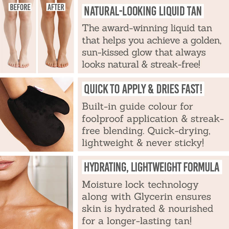 He-Shi Express Liquid Tan Key Benefits - Natural-looking liquid tan, quick to apply & dries fast, hydrating, lightweight formula