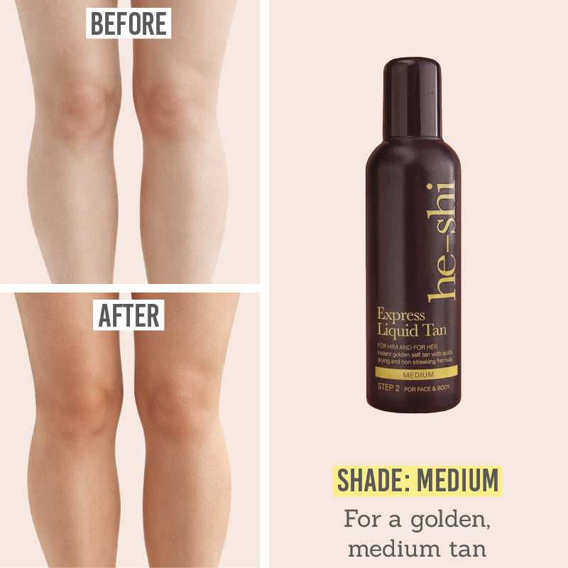 He-Shi Express Liquid Tan before and after results for shade: Medium