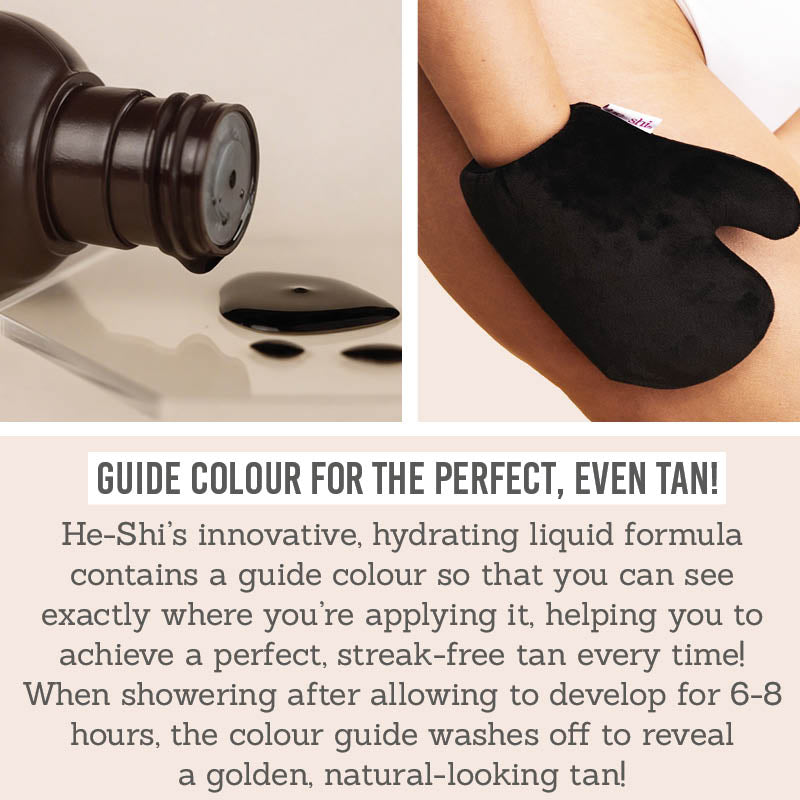 He-Shi Express Liquid Tan guide colour for the perfect, even tan