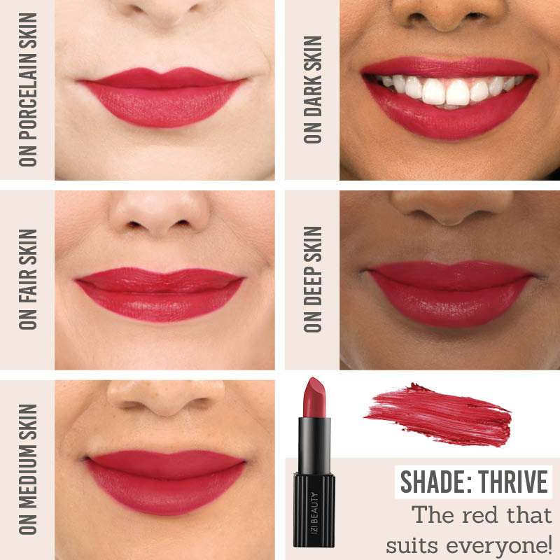 IZI Beauty Empowered Lipstick in Thrive on different skin tones