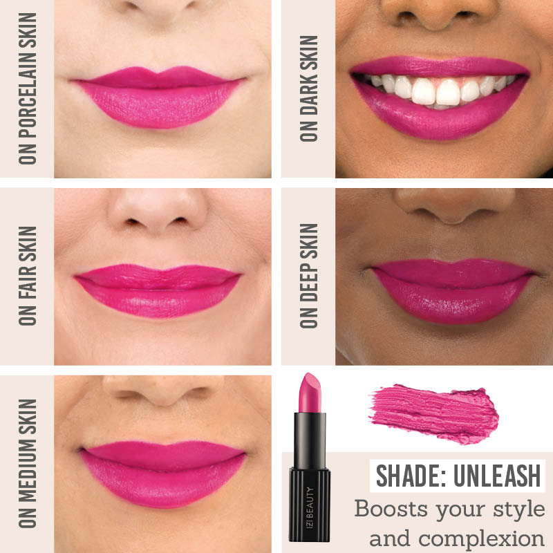 IZI Beauty Empowered Lipstick in shade Unleash on different skin tones