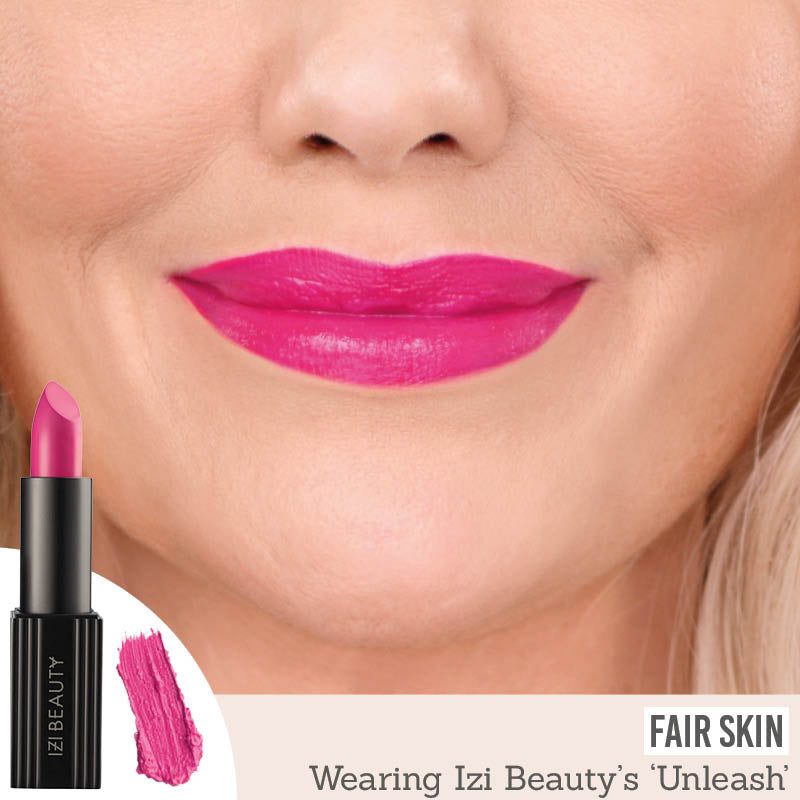 IZI Beauty Empowered Lipstick in shade Unleash on fair skin