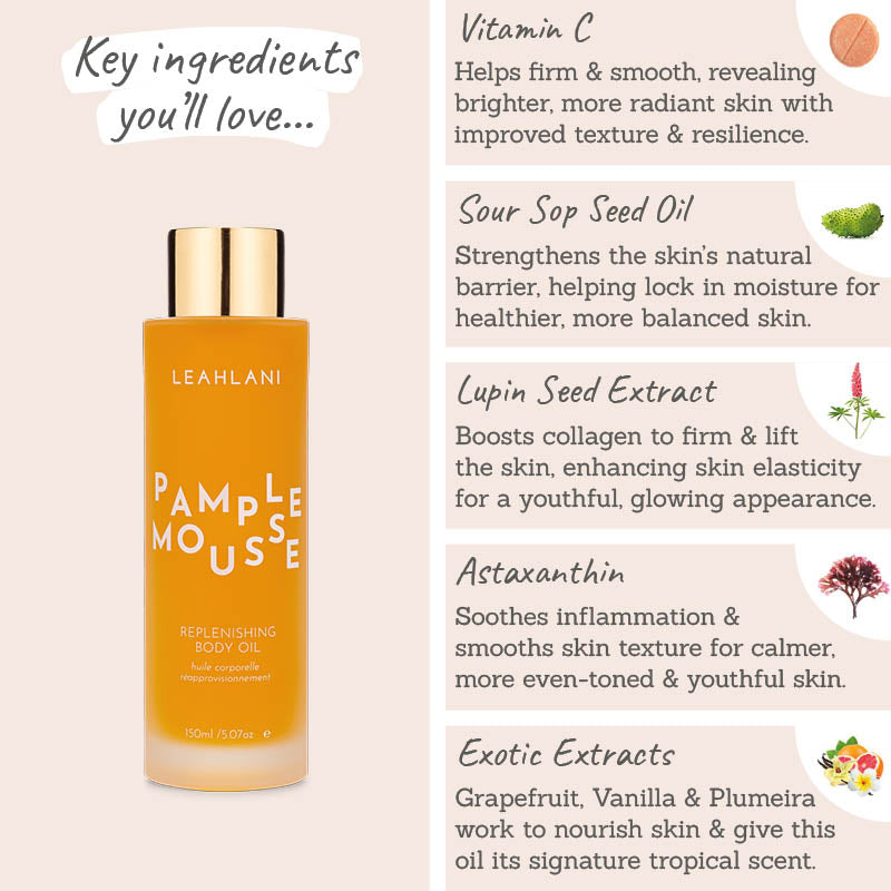 Leahlani Pamplemousse Replenishing Body Oil key ingredients - vitamin C, sour sop seed oil, lupin seed extract, astaxanthin, exotic extracts