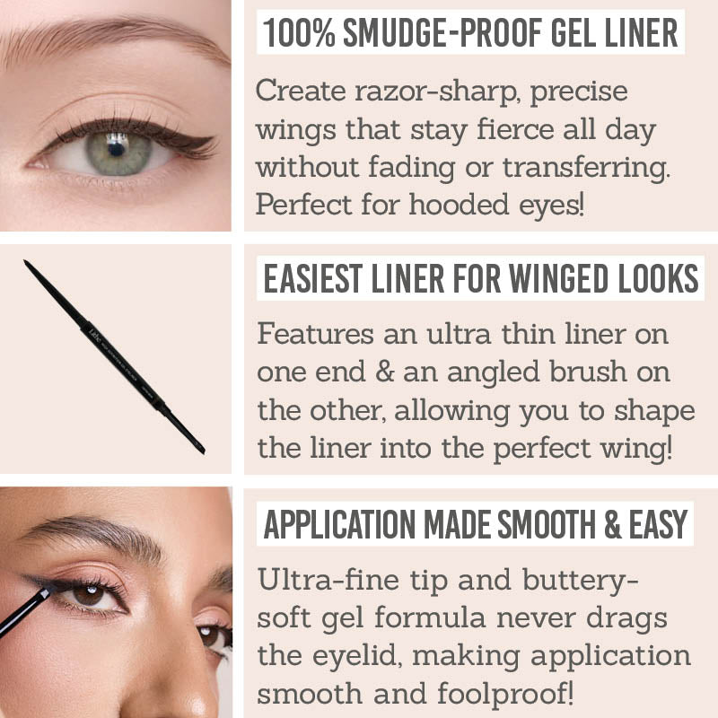 Lithe High Definition Gel Eyeliner Key Benefits - 100% smudge-proof gel liner, easiest liner for winged looks, application smooth & easy