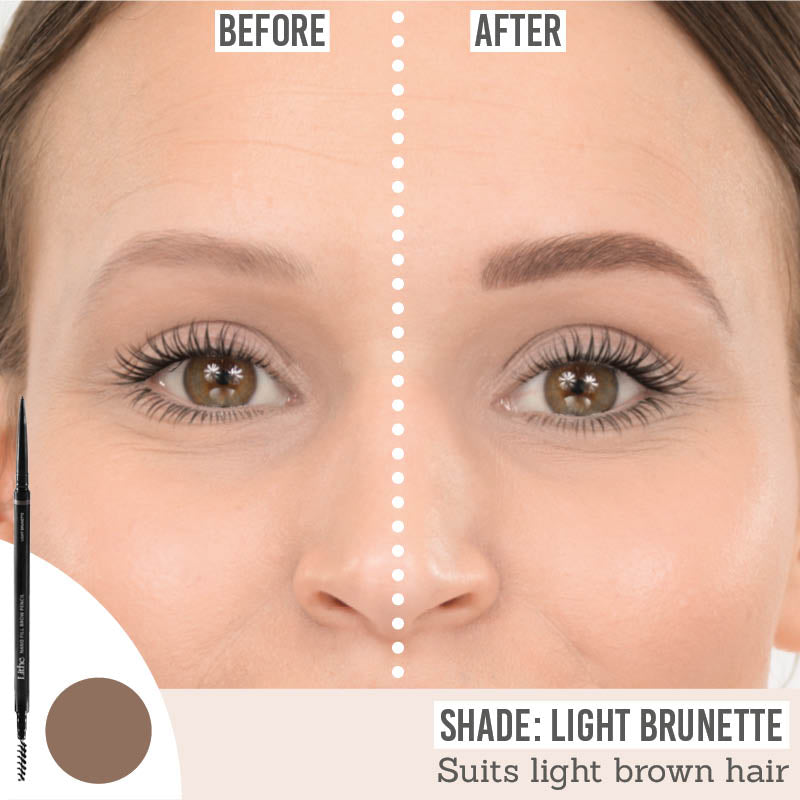 Lithe Nano Fill Brow Pencil in shade Light Brunette before and after results to suit light brown hair