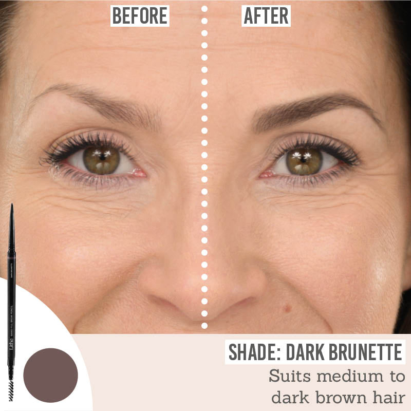 Lithe Nano Fill Brow Pencil in shade Dark Brunette before and after results to suit medium to dark brown hair