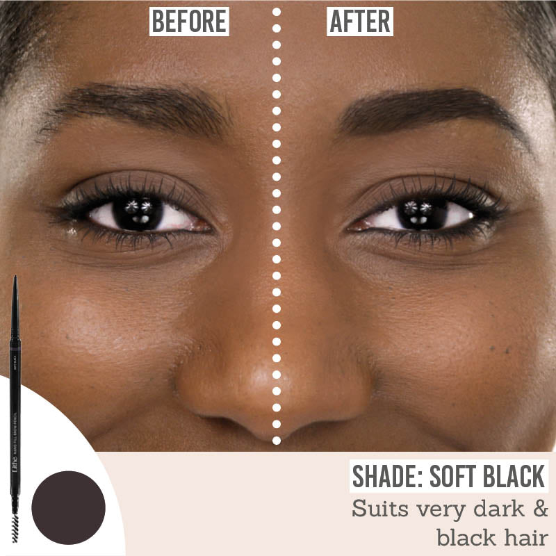 Lithe Nano Fill Brow Pencil in shade Soft Black before and after results to suit very dark & black hair