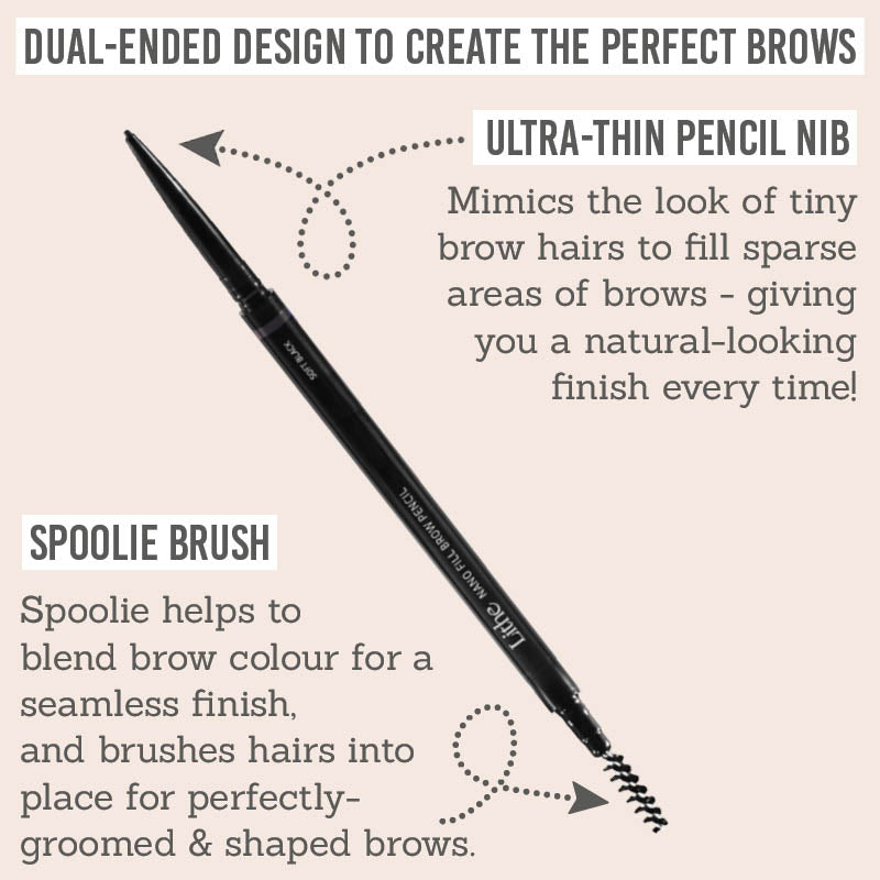 Lithe Nano Fill Brow Pencil dual-ended design includes ultra thin pencil nib & spoolie brush